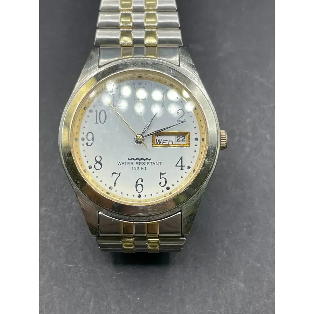 Vintage PT948 PC33 Japan WR100FT Stainless Silver Stretch Band Two Tone 36MM